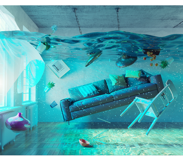 House flooded to ceiling with floating furniture